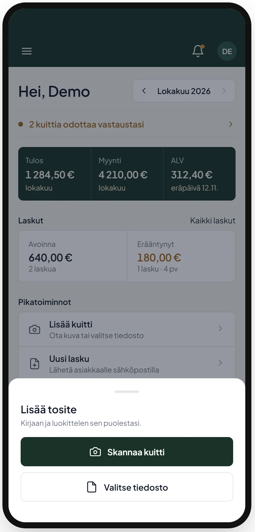 Kuitin lisääminen puhelimella